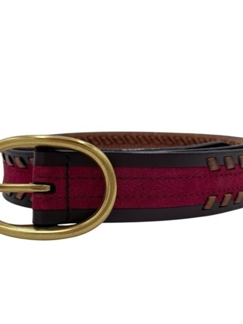 Fossil Burgundy and Dark Brown Leather Belt with Brass Buckle